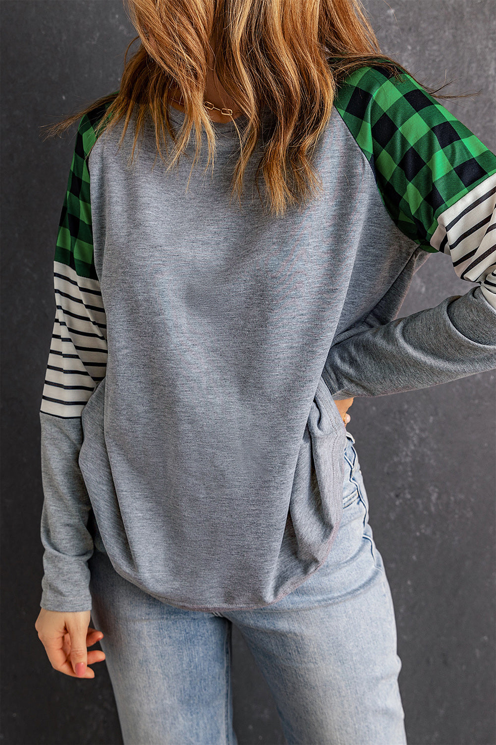 Green Buffalo Plaid & Stripe Splicing Long Sleeve Top