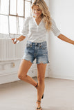 Striped Print Notch V Neck Short Sleeve Top