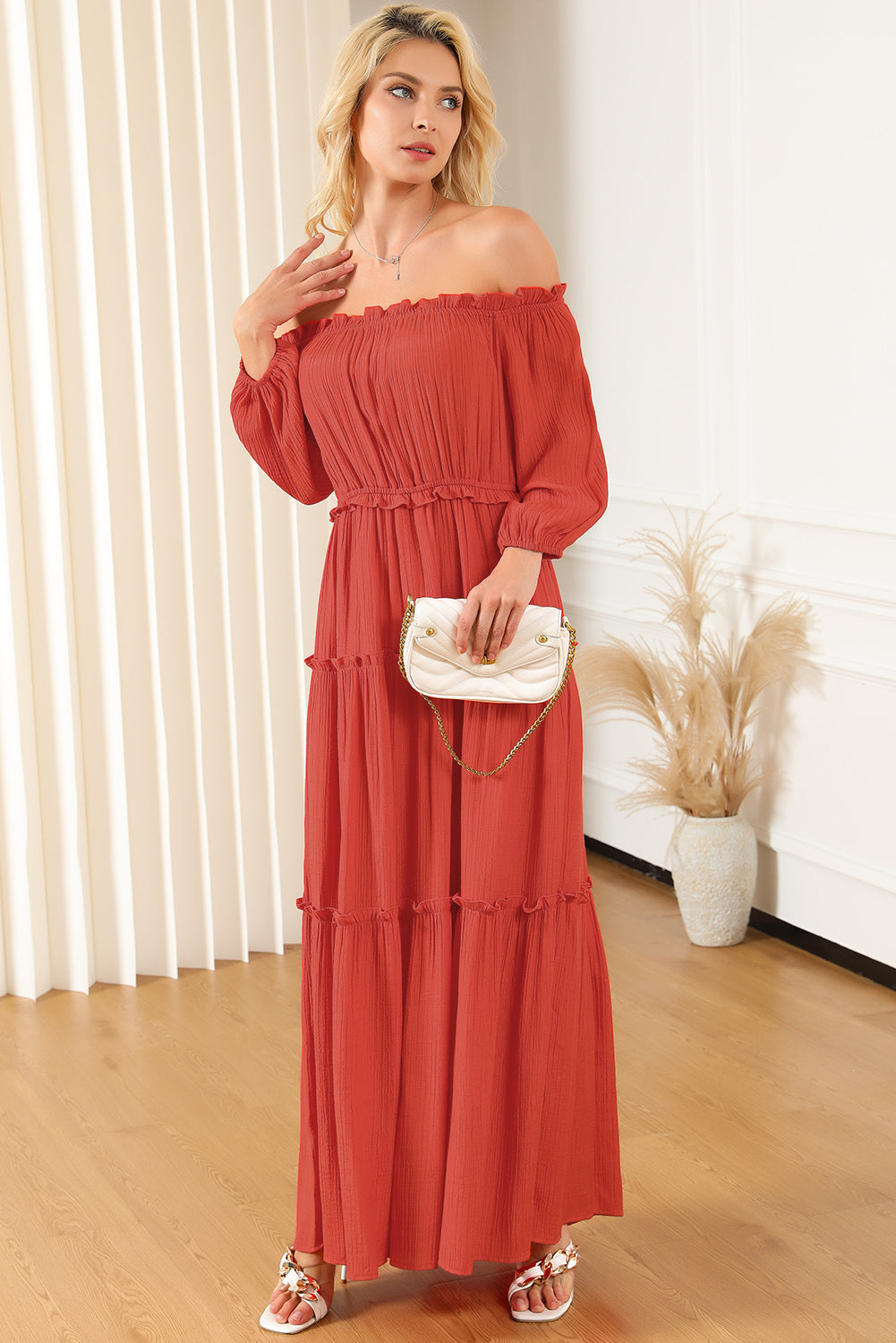 Off Shoulder Balloon Sleeve Cutout Ruffled Maxi Dress