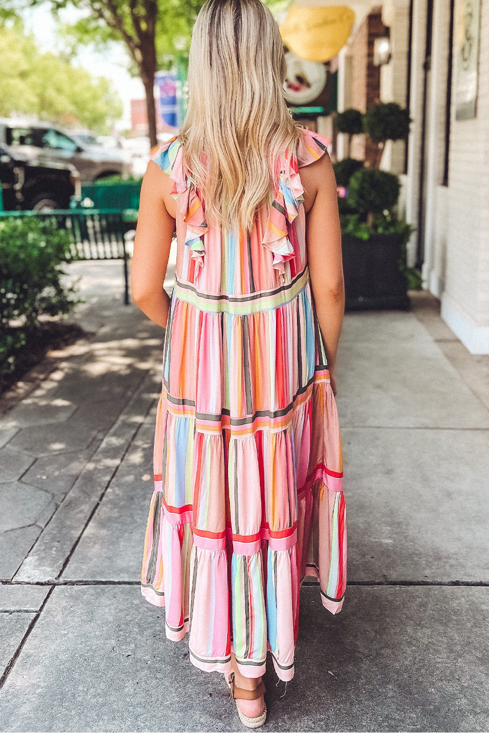 Rainbow Stripe Ruffles Ruched Tiered Dress