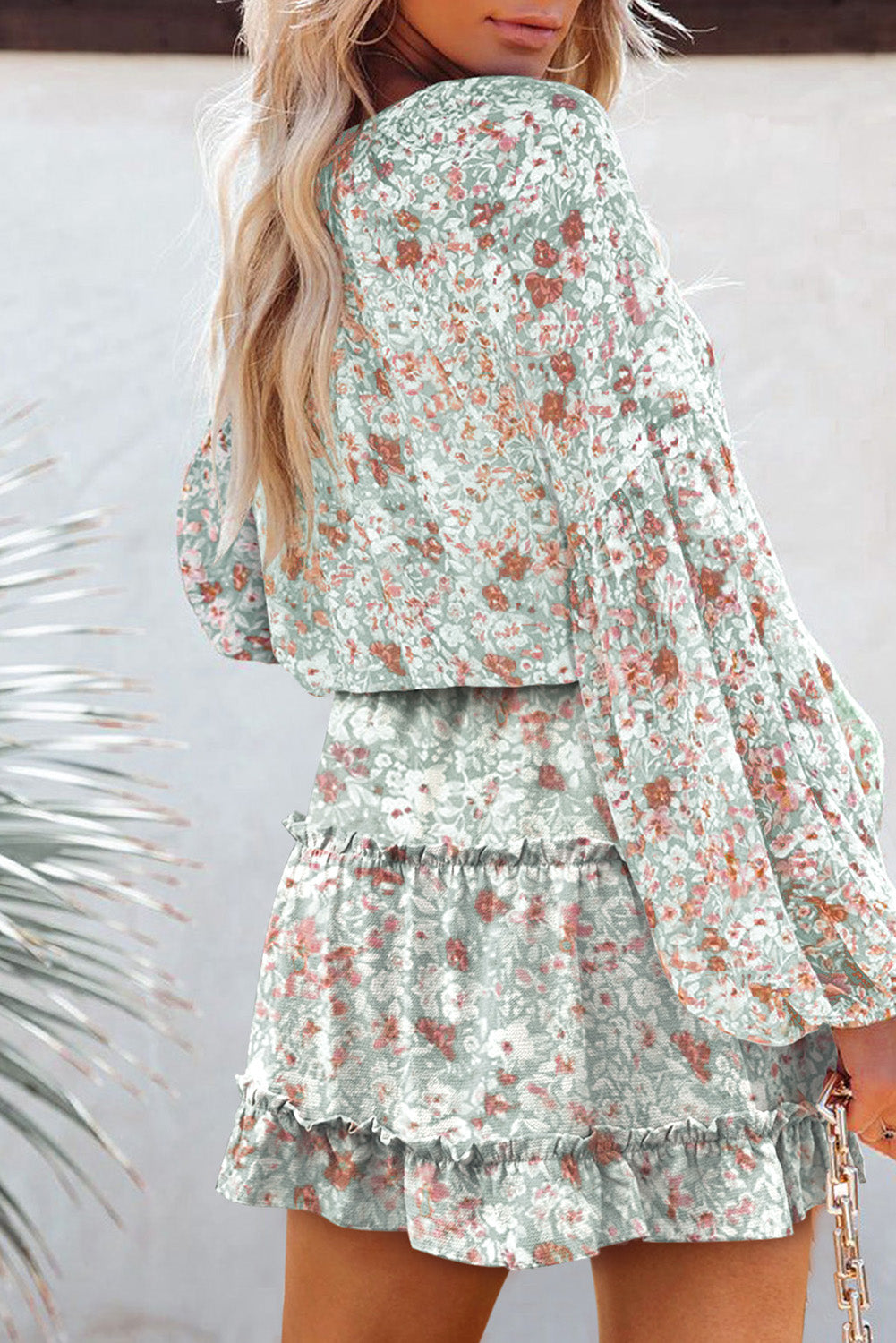 Multicolor V Neck Puff Sleeves Floral Tunic Dress