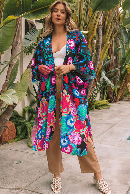 Bohemian Floral Print Half Sleeve Open Front Kimono