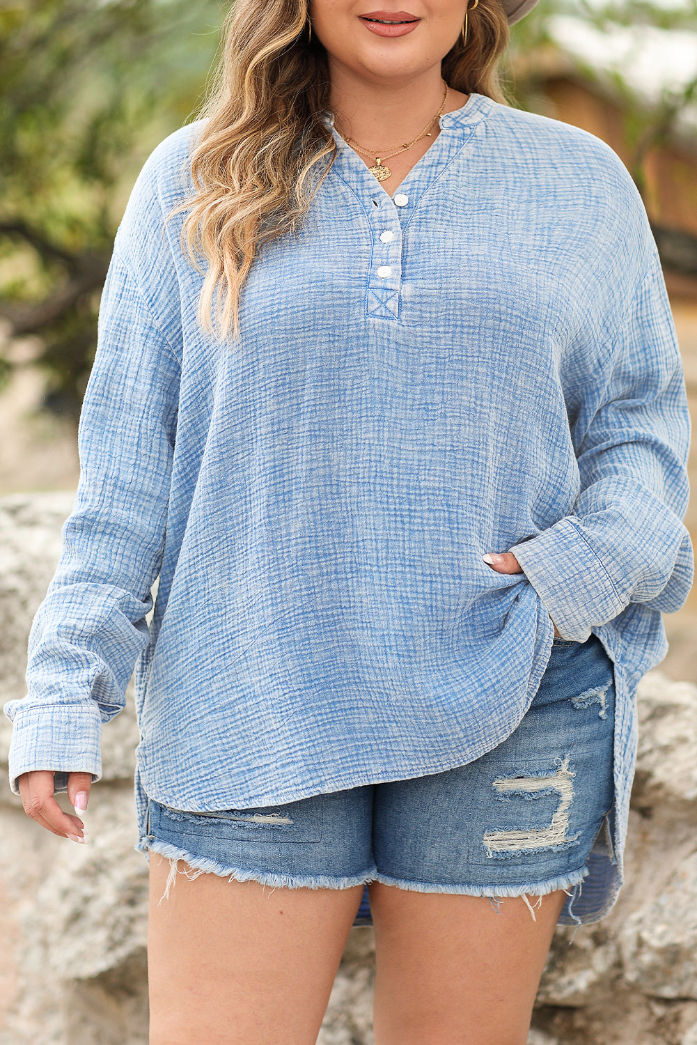 Sky Blue Crinkle Textured Loose Henley Top