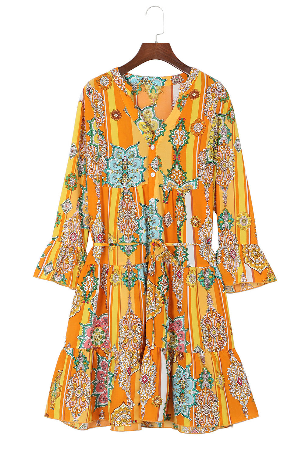 Mini-robe orange bohème à imprimé géométrique boutonnée à col en V