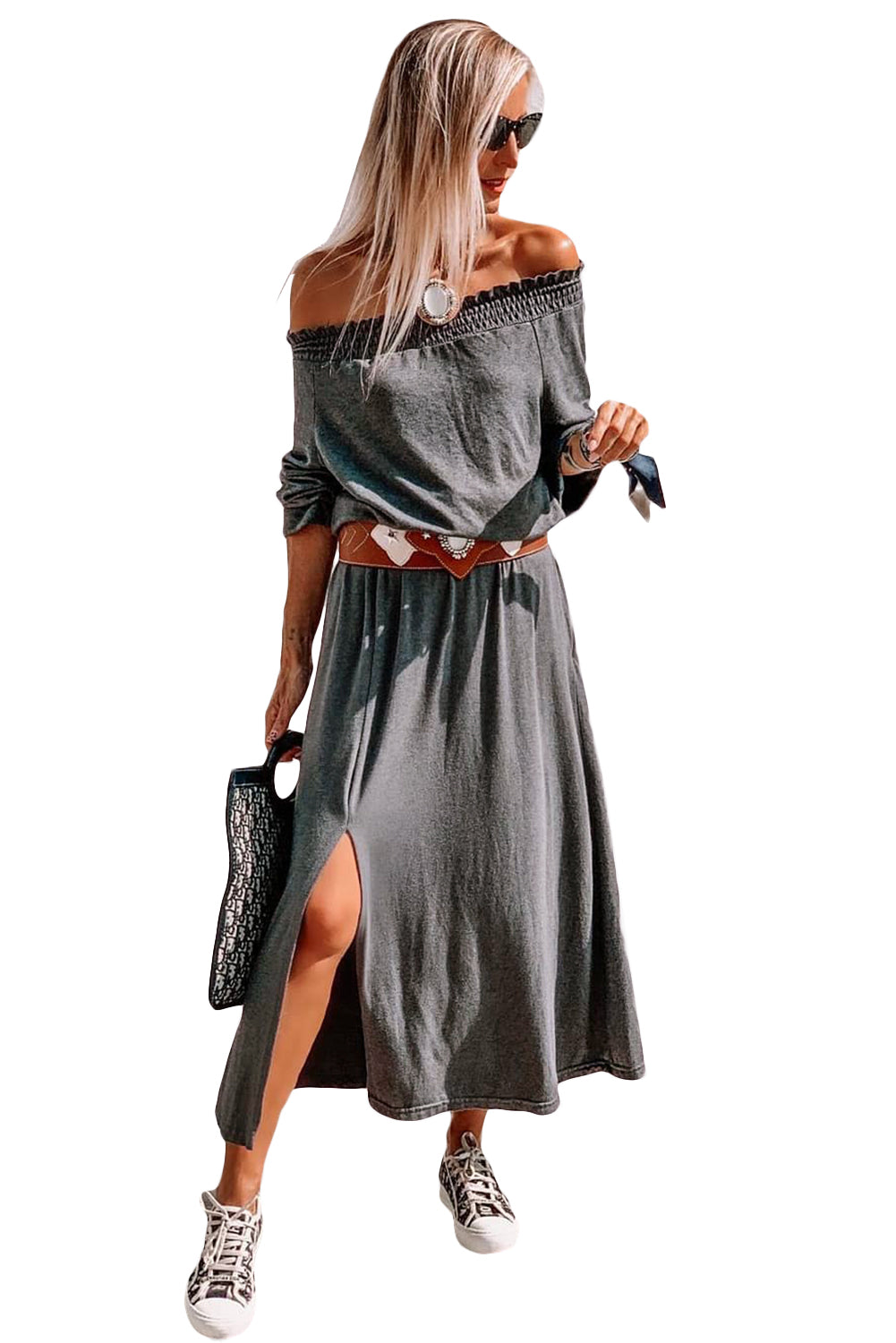 Shirred Off Shoulder Maxi Dress with Split