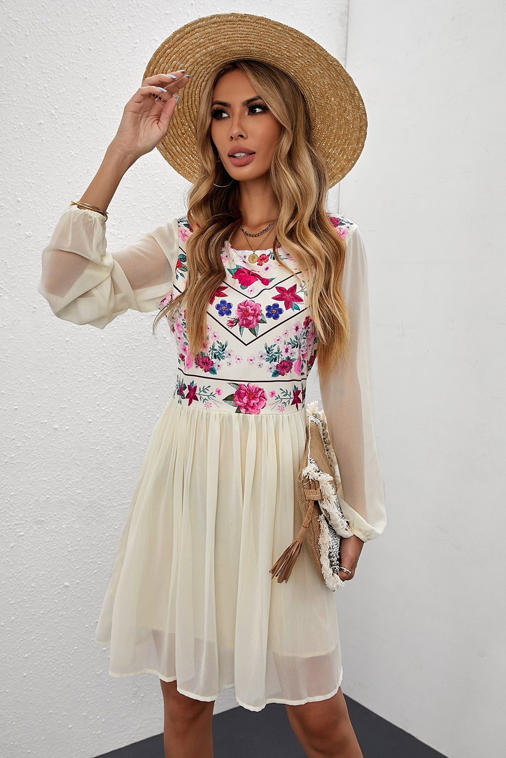 Floral Mesh Splicing Lined Flowy Dress