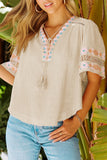 Tassel Drawstring Embroidered Half Sleeve V Neck Top