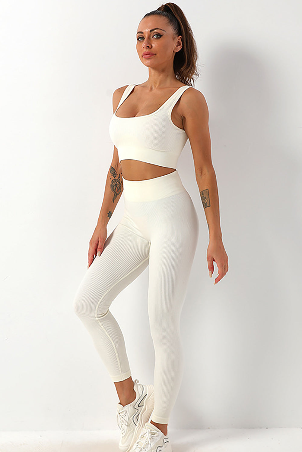 Pantalon de yoga taille haute côtelé uni blanc avec contrôle du ventre