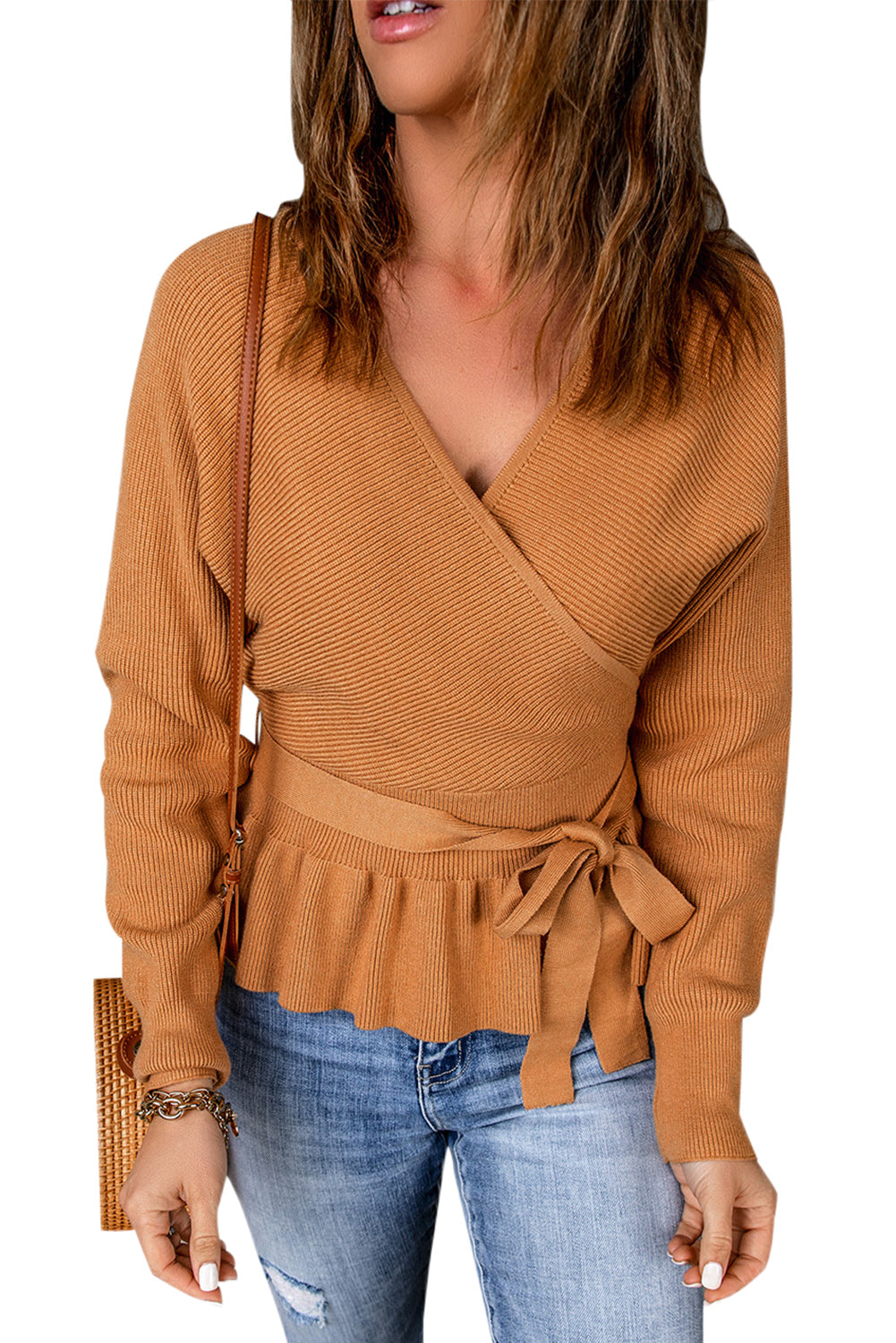 Rib Knit Surplice Neck Belted Peplum Sweater