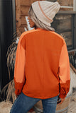 Orange Stripe Exposed Seam Henley Turn-down Neck Puff Sleeve Sweatshirt