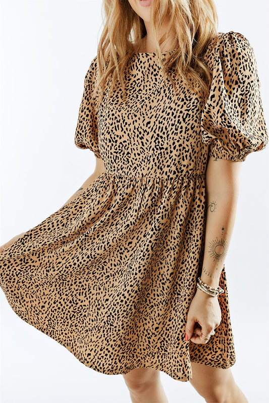 Animal Print Bubble Sleeve Babydoll Dress