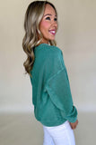 Bright Pink Solid Color Notched Neck Drop Shoulder Sweatshirt