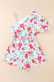 Floral Single Bubble Sleeve Slant Shoulder Romper