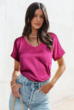 Satin V Neck Pocket Short Sleeves Top