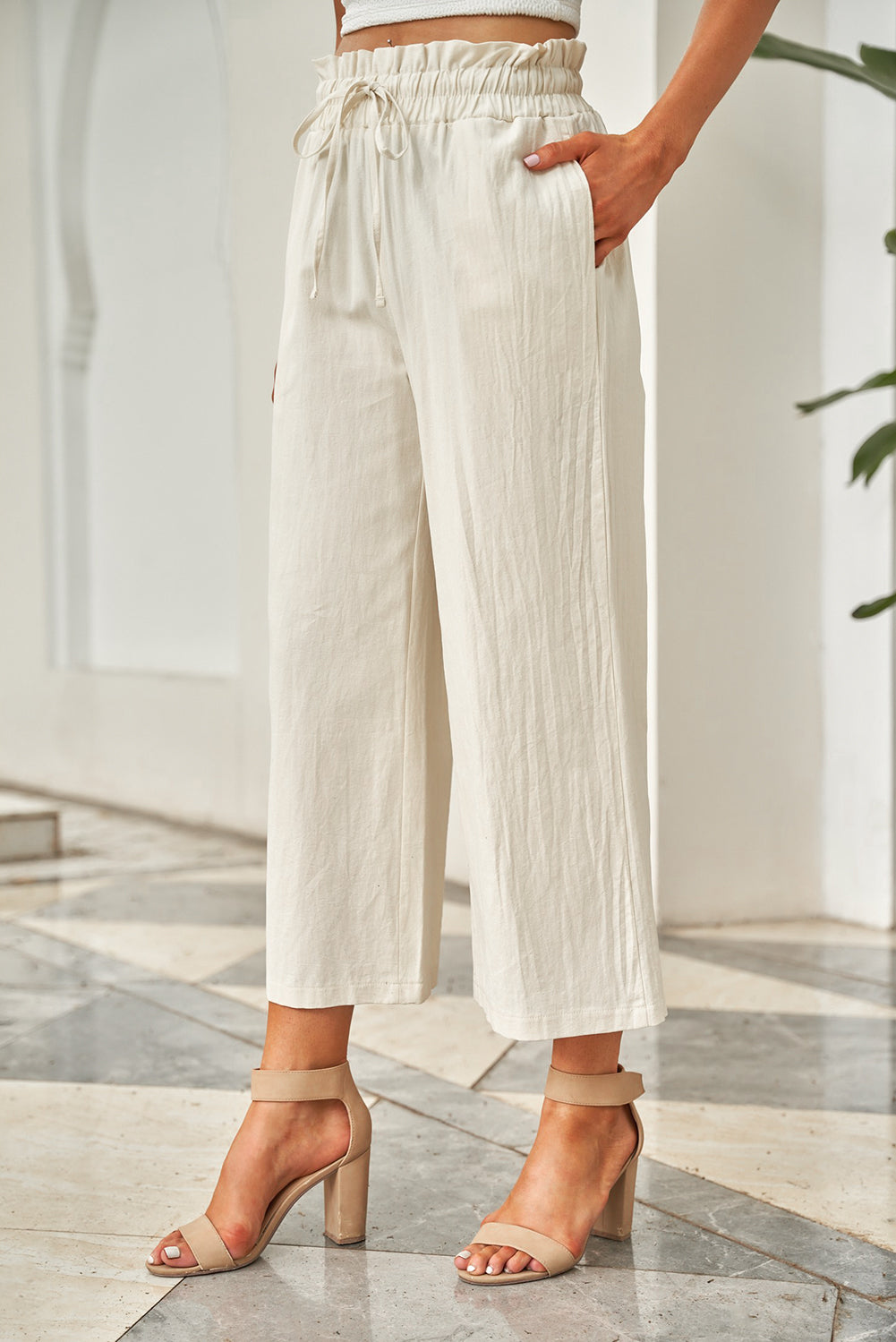 Paperbag Waist Straight Leg Cropped Pants