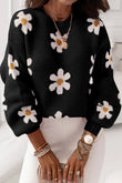 Black Floral Pattern Drop Shoulder Sweater