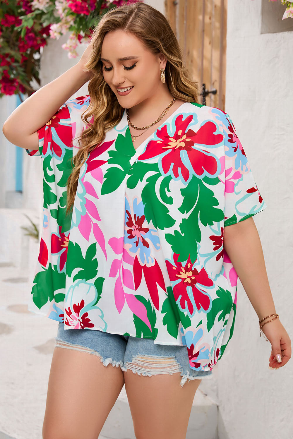 Floral Print Faux Wrap Plus Size Blouse