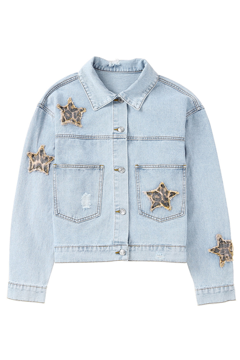 Leopard Star Distressed Cropped Denim Jacket