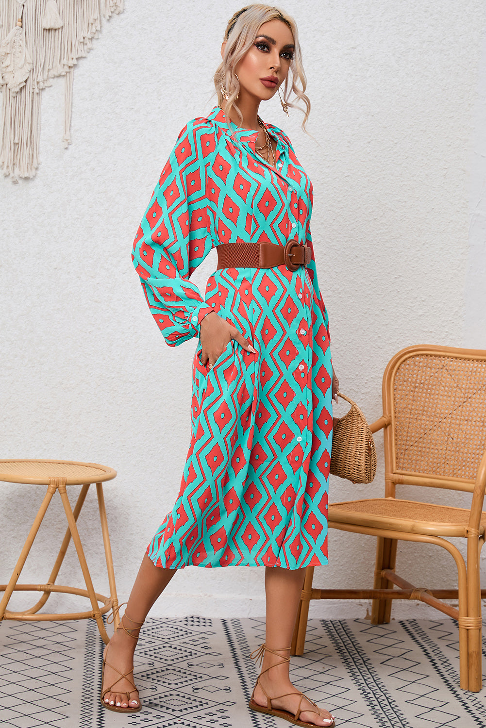 Western Geometric Print Split Buttoned Shirt Dress