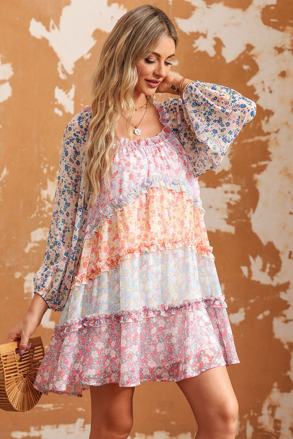 Floral Colorblock Tiered Puff Sleeve Dress