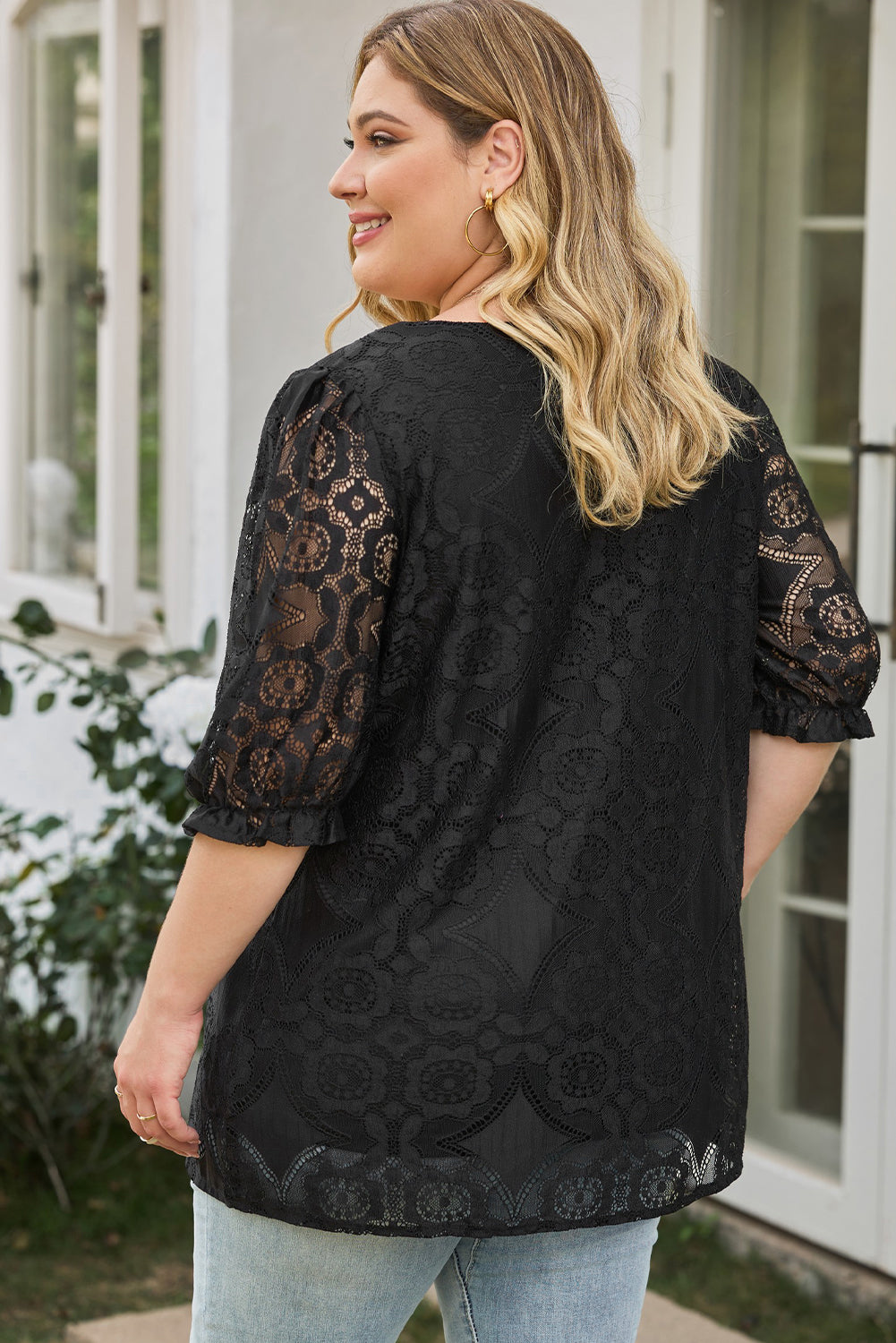 Plus Size Lace Crochet Square Neck Blouse