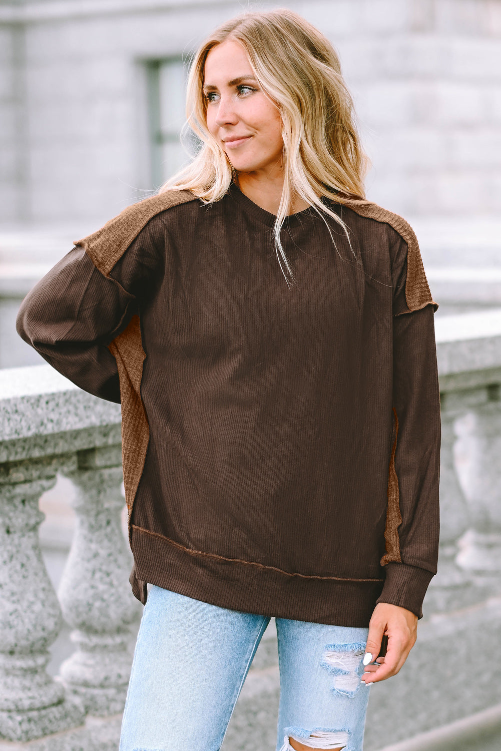 Brown Exposed Seam Patchwork Ribbed Knit Oversized Top