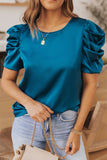 Dark Blue Ruched Puff Short Sleeve Satin Blouse