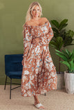 Brown Floral Print Shirred Square Neck High Waist Maxi Dress