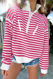 Pink Stripe Zip up Collar Drop Shoulder Sweater