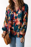 Green Graffiti Printed V Neck Puff Sleeve Blouse