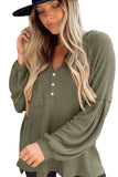 Buttoned V Neck Drop Shoulder Waffle Knit Top