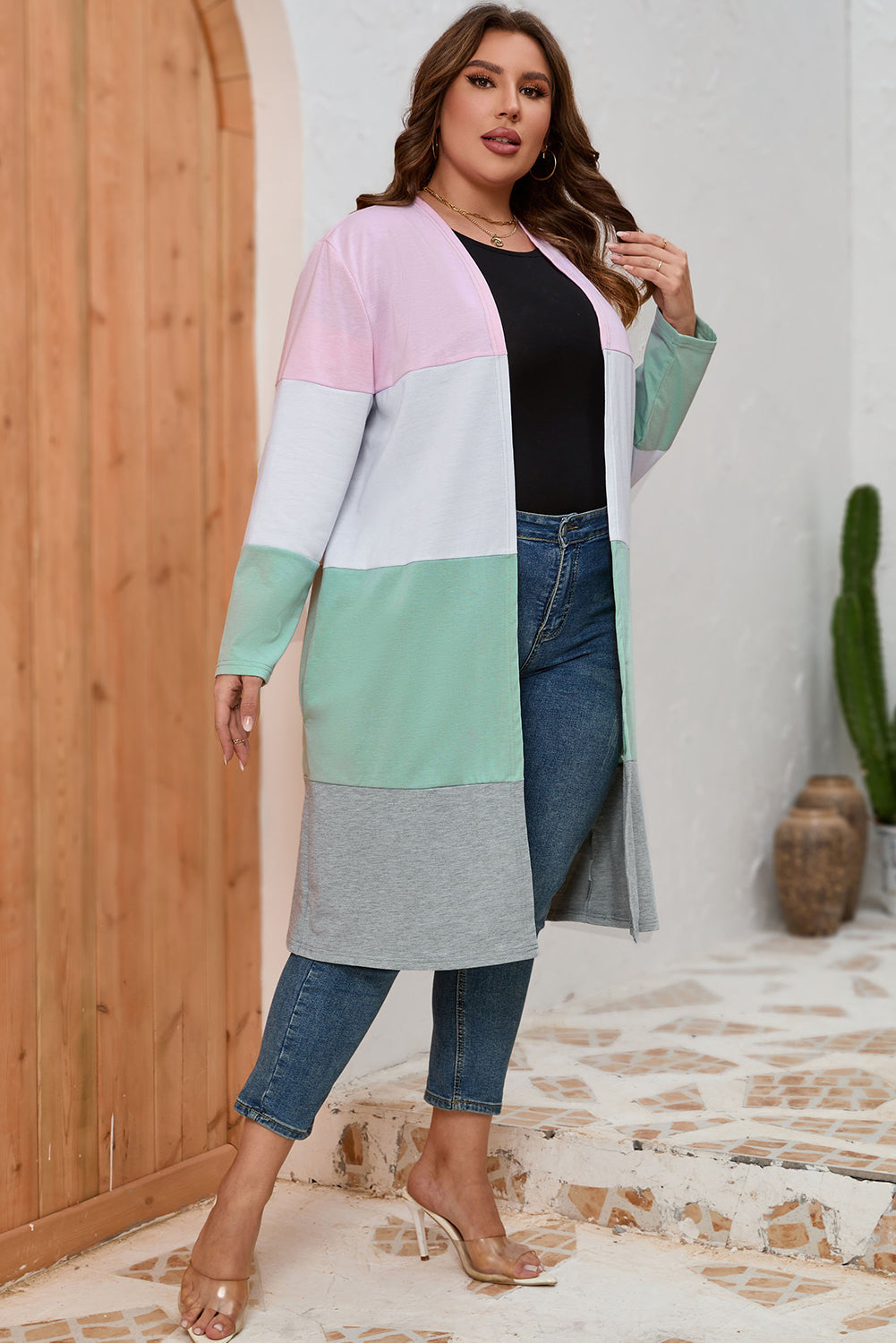 Rose Cardigan Colorblock Ouvert sur le Devant Grande Taille