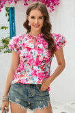 Blouse à imprimé floral et manches flottantes à volants roses