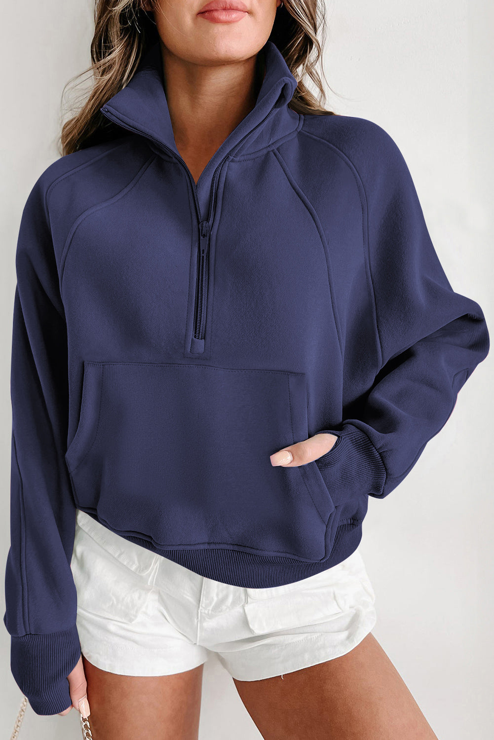 Flamingo Fleece Lined Zip Up Stand Collar Thumbhole Sleeve Sweatshirt