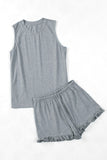 Dark Gray Crew Neck Tank and Drawstring Ruffled Shorts Lounge Set