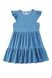 Crew Neck Flutter Tiered A-line Chambray Dress