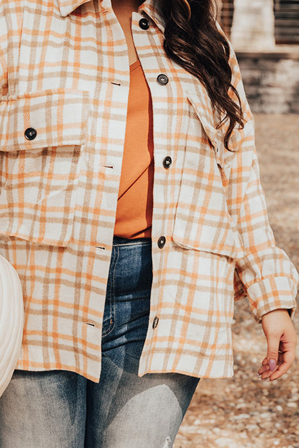 Plus Size Plaid Jacket with Flap Pockets