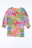 Multicolor Vibrant Floral Print Trimmed Ruffle Sleeve Blouse