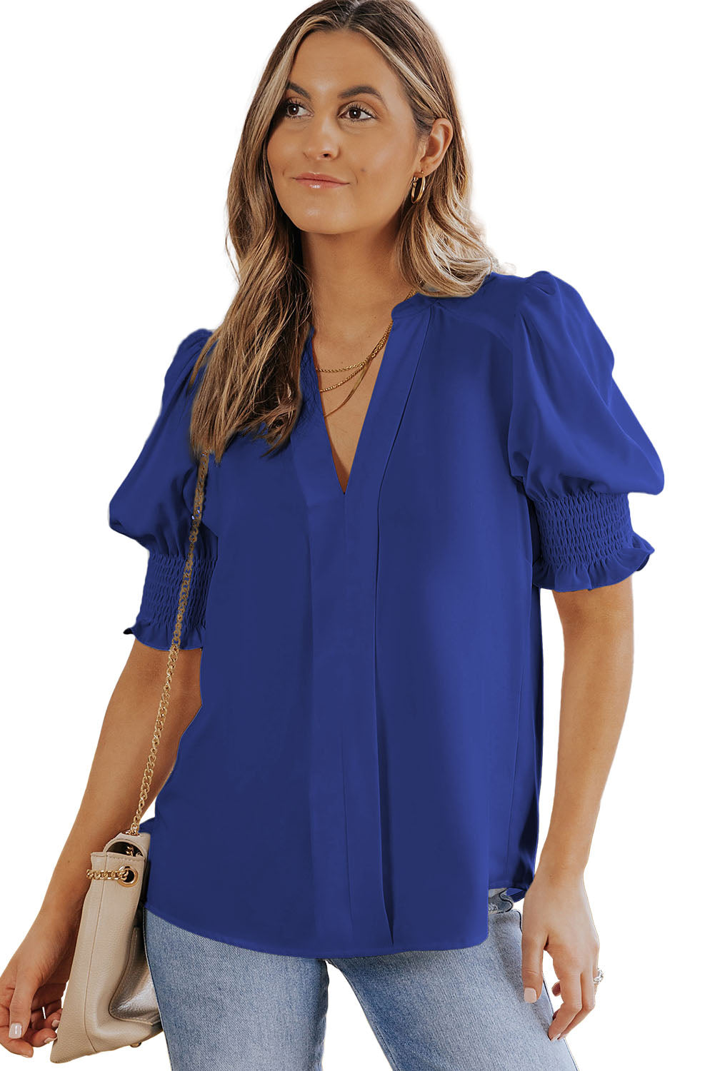 Solid Color Half Sleeve V Neck Blouse