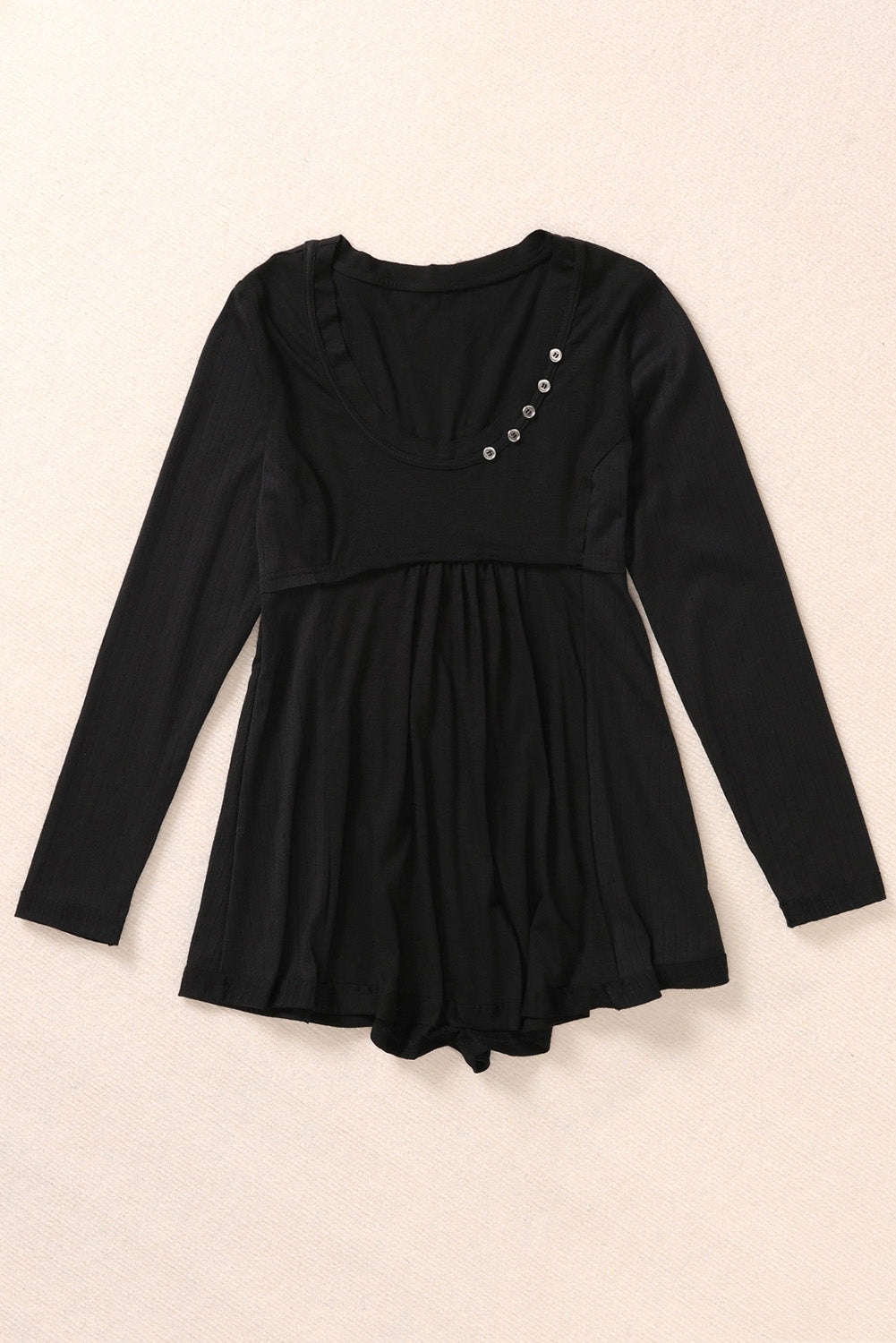 Solid Color Buttons Long Sleeve Babydoll Blouse