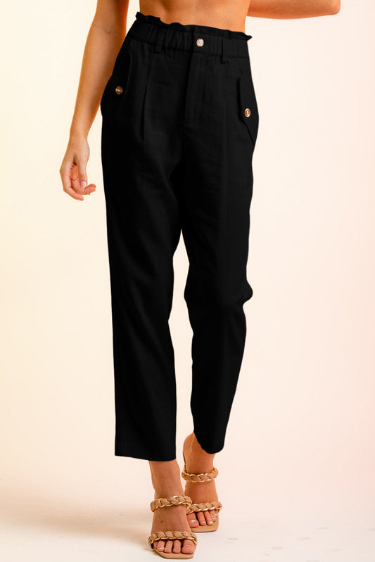 Button Flap Pocket High Waisted Linen Pants