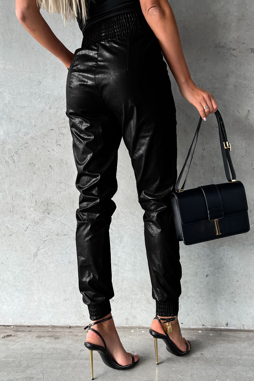 Brown Smocked High-Waist Leather Skinny Pants