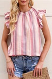 Striped Print Crew Neck Ruffle Blouse