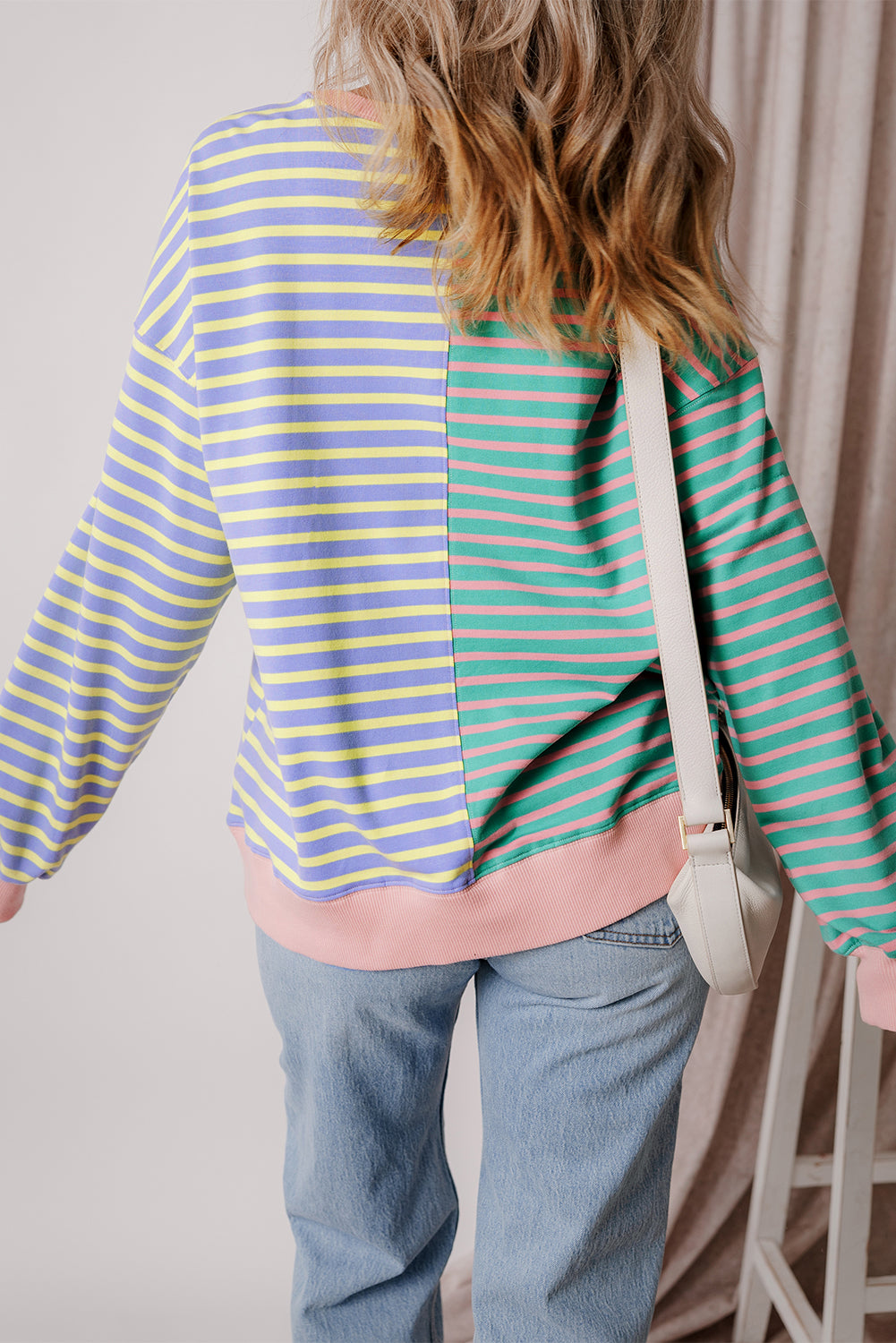 Pink Stripe Casual Stripe Colorblock Drop Shoulder Oversize Sweatshirt