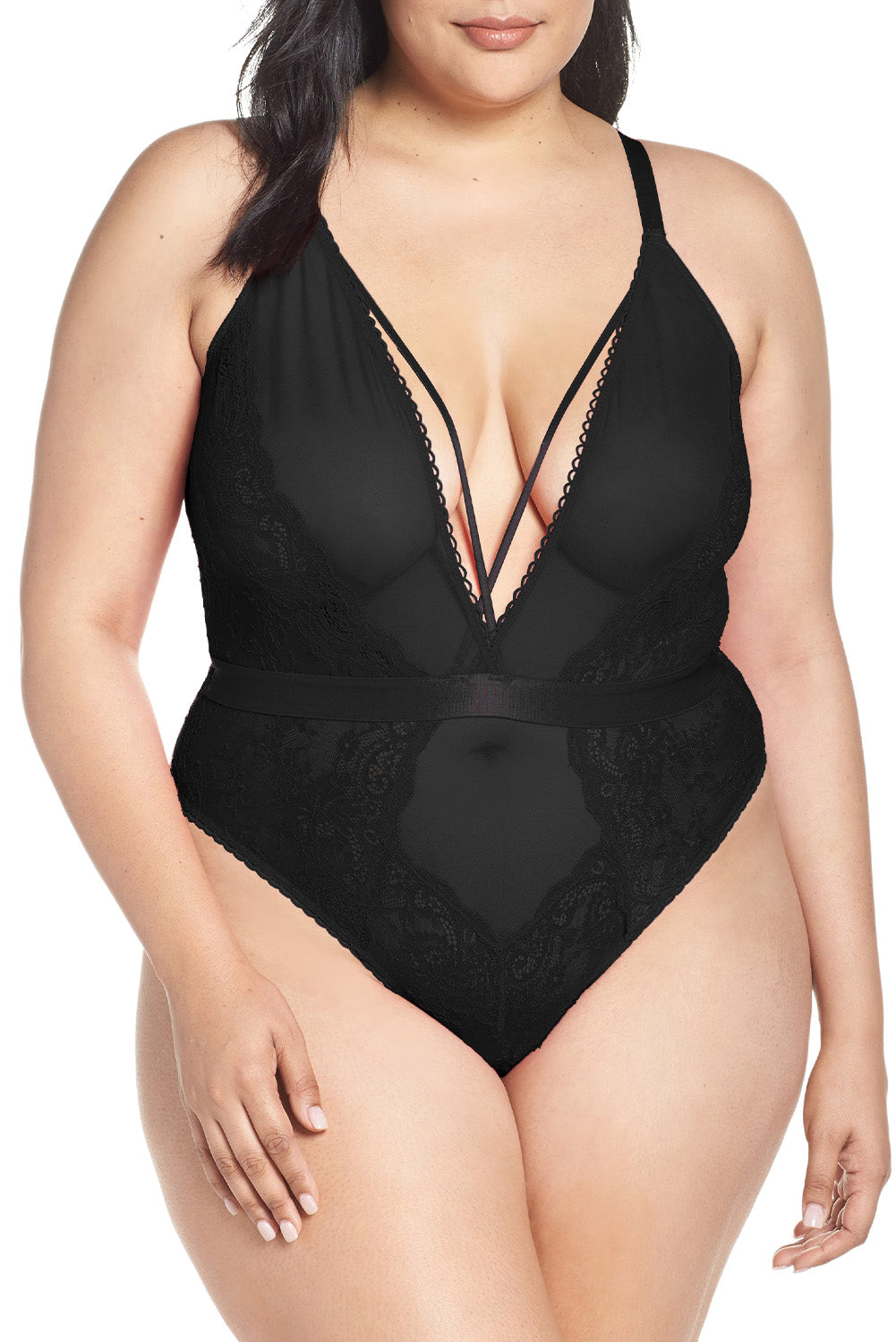 Plus Size Sheer Mesh Lace Crisscross Back Teddy Lingerie