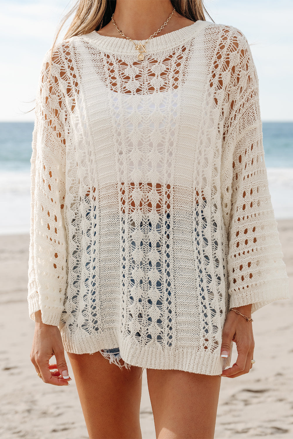 White Hollow Out Knit Bracelet Sleeve Drop Shoulder Sweater