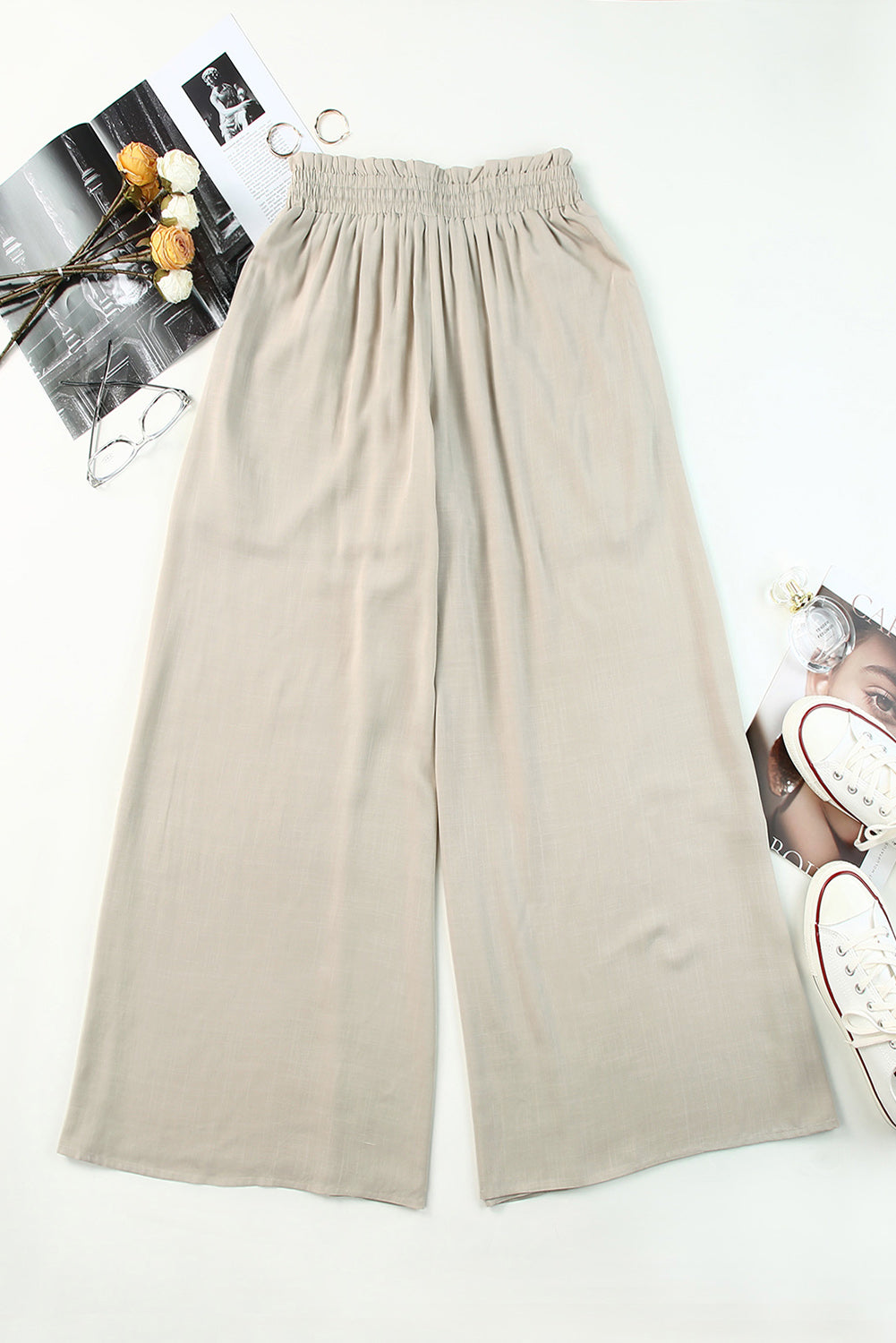 Gray Drawstring Smocked High Waist Wide Leg Pants