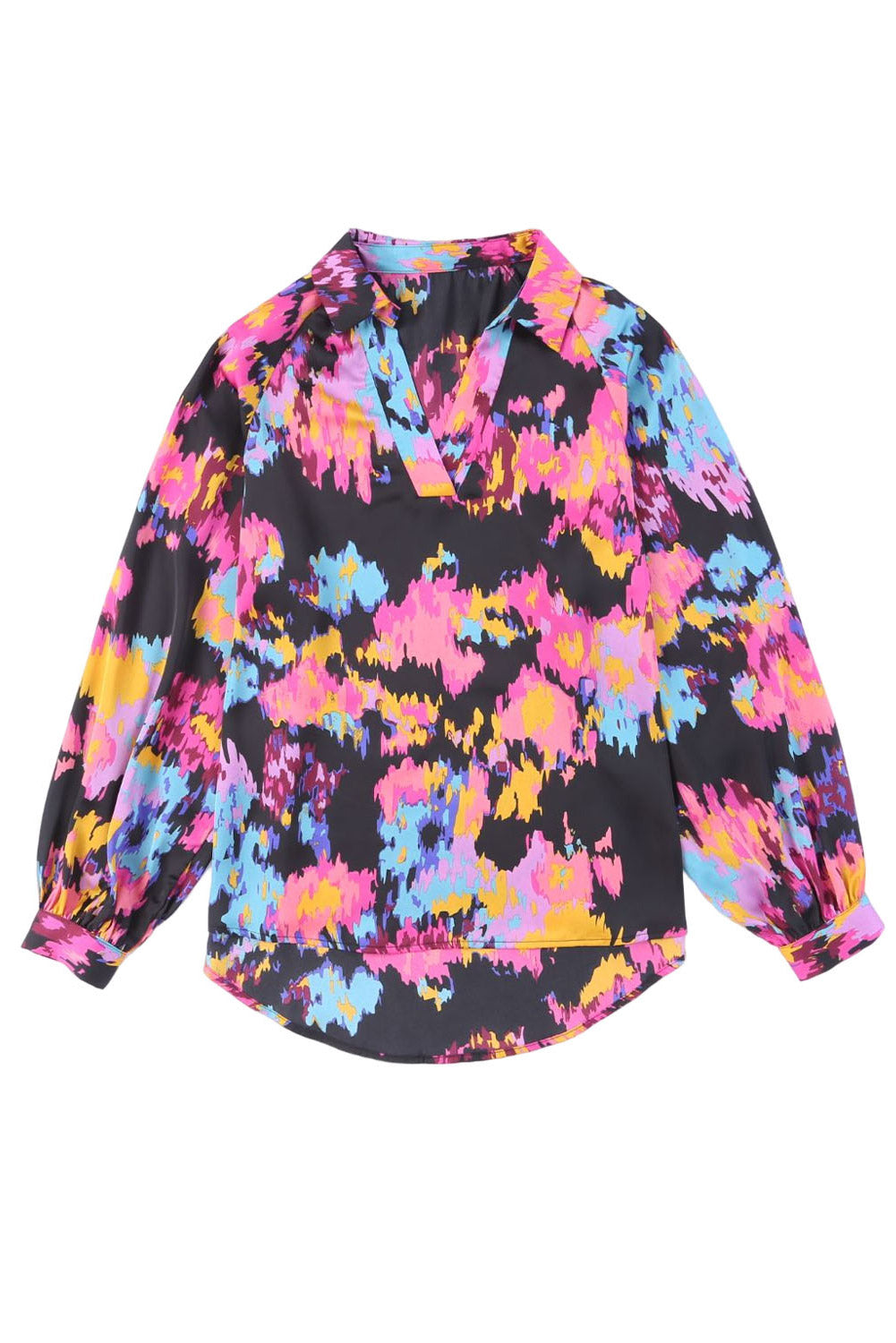 Green Graffiti Printed V Neck Puff Sleeve Blouse