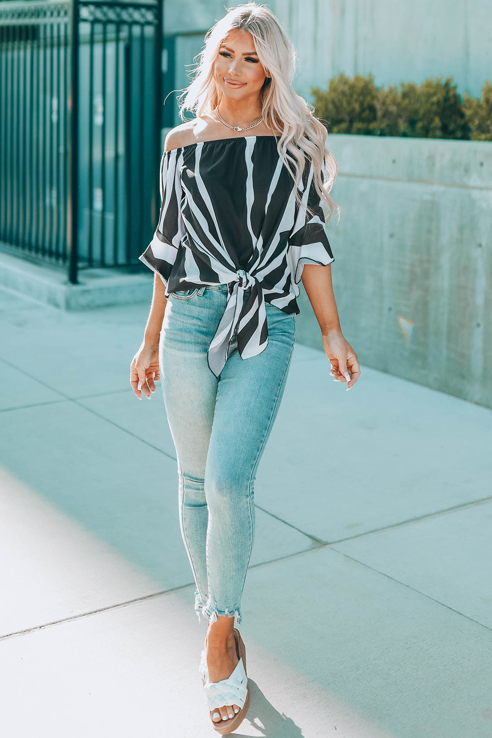 Off The Shoulder Vertical Stripes Blouse in Black