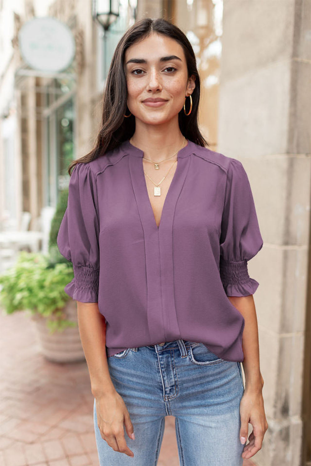 Solid Color Half Sleeve V Neck Blouse